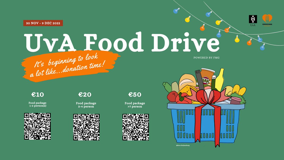 UvA_ASCoR's tweet photo. Starting this week:
The Annual UvA FMG Food Drive 2022! We’ll collect donations for @VoedselbankAmst. This event is hosted by @FMG_UvA, but anyone can (already) donate! Find the QR codes for donation and more info on: https://t.co/wVyBZ5h07k #sharingiscaring #donationtime https://t.co/fqOgDqSt1j