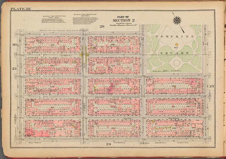 NYPL_tweeter's tweet photo. Plate 28, Part of Section 2: [Bounded by E. 9th Street, Avenue A, (Tompkins Square) E. 7th Street, Avenue B, E. 4th Street and Second Avenue] https://t.co/wt3fWKr249