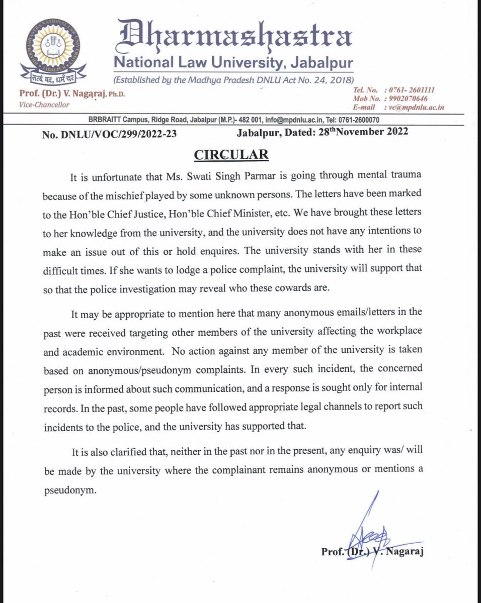 DNLUofficial's tweet photo. The Vice Chancellor has issued a notice of solidarity with the Assistant Professor of the Dharmashastra National Law University, Ms. Swati Parmar. The filthy and frivolous letters sent to her are condemnable. https://t.co/7IYgarUtmI