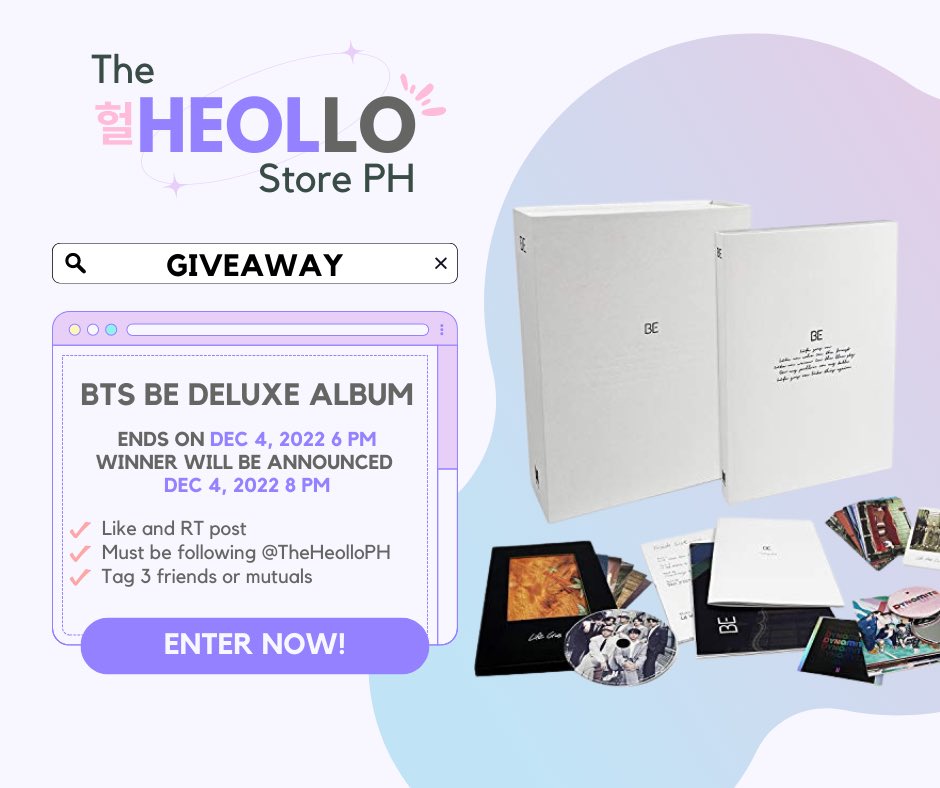 TheHeolloPH's tweet photo. #TheHeolloPHGA

✨Shop Opening &amp; Jin Bday GA ✨

💿 Sealed BTS BE Deluxe Album 💿

💜 Like &amp; RT post
💜 Mbf @TheHeolloPH 
💜 Tag 3 mutuals

Ends on 💙 Dec 4 6 PM 💙
Winner will be announced 🤍 Dec 4 8 PM 🤍

#HappyJINday https://t.co/uZZUwcrVcB