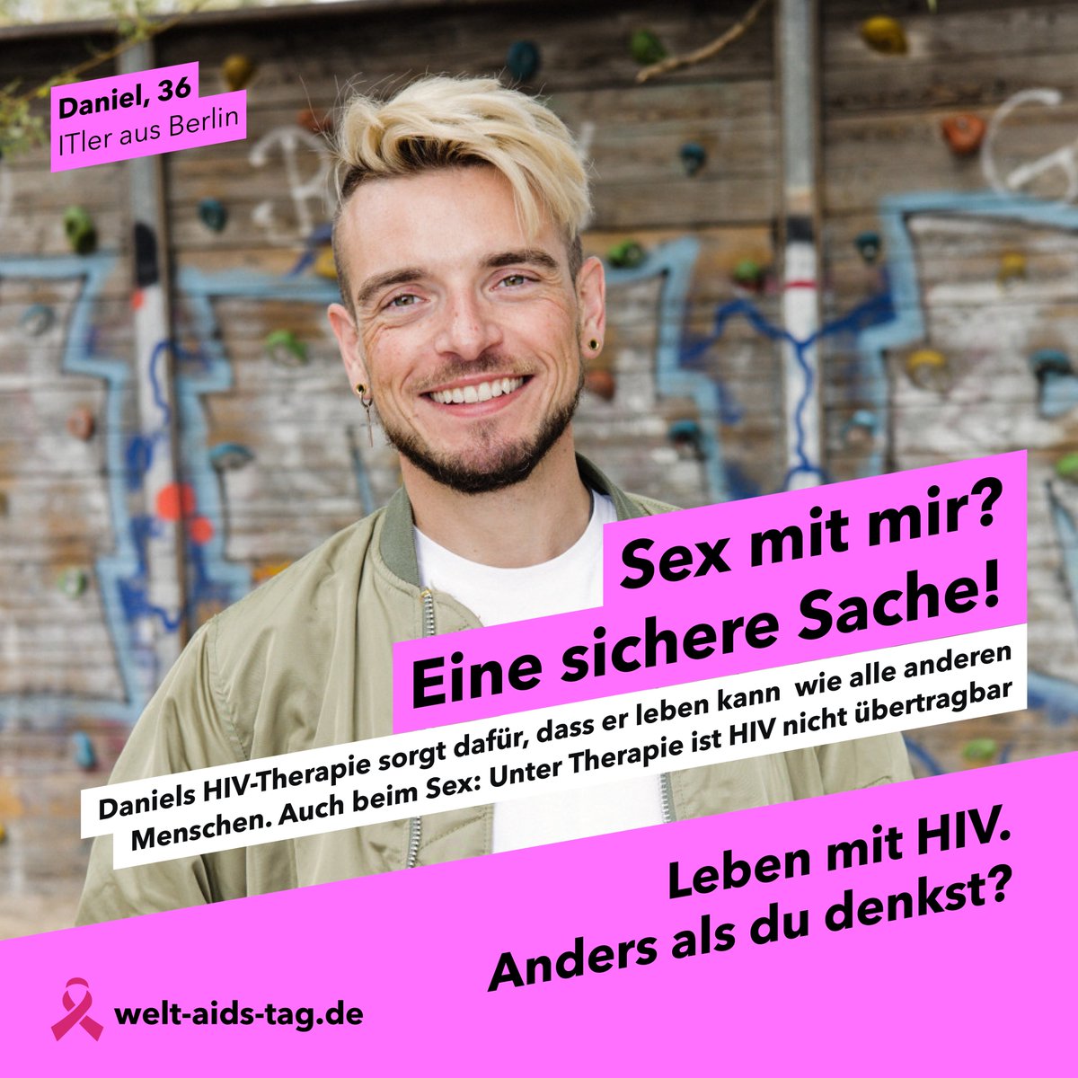 Daniel hat gerne Sex. Er und seine Sexpartner können dabei gelassen bleiben. Denn seine HIV-Medikamente sorgen, dafür, dass HIV dabei nicht übertragen werden kann.

Mehr zum Thema Leben mit HIV unter welt-aids-tag.de

#AndersAlsDuDenkst #WeltAidsTag #LebenMitHiv #HIV