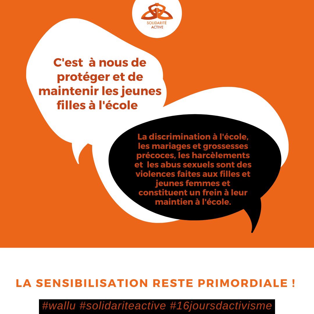 S_active2022's tweet photo. C’est à nous de protéger les filles et femmes contre toutes formes de violences pouvant constituer un frein à leur maintien à l’école et à leur épanouissement dans la société.
#wallu #solidariteactive #16joursdactivisme #ViolenceAgainstWomen #violencesfaitesauxfemmes https://t.co/7Z9q25triJ