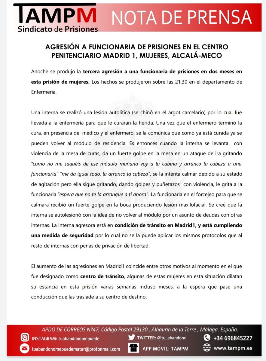Tampm_Alcala's tweet photo. 👊 AGRESIÓN en el CP MADRID1, Mujeres, Alcalá- Meco

🚨 3° agresión a Funcionarias en esta prisión en 2 meses

➕ violencia y seguimos sin ser AGENTES de la AUTORIDAD

❌ Centro de tránsito sin infraestructura adecuada, desigual frecuencia d conducciones mujeres/hombres

#tampm https://t.co/rq7nxBt7Lq