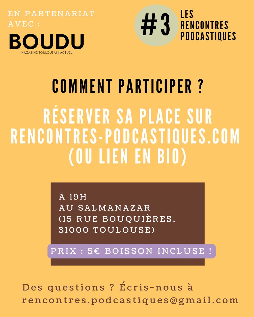 [💬Rencontres pro #podcast ] 

🎧"Les rencontres podcastiques" #3 invitent <a href="/MarleneStricot/">Marlène Stricot</a> &amp; <a href="/NinadesJardins/">LEONARD Marina</a> pour vous dévoiler les coulisses (genèse, évolution, enjeux ...) de 2 de nos 4 podcasts, "Sans Réserve/s" &amp; "Détour vers le futur" !

ℹ 6/12 à 19h billetweb.fr/3-les-rencontr…
