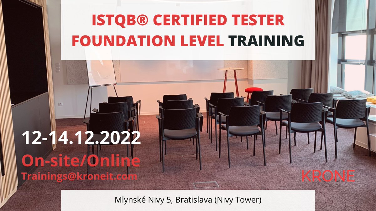 ConsultingKrone's tweet photo. 🔥 Last date for ISTQB® CTFL #Training  in this year. We have the last seats, so don't wait and book your seat now 👉 Trainings@kroneit.com

Training will take place in hybrid mode, online and at our premises in Nivy Tower, Bratislava.
https://t.co/rL2Rv6f6qM https://t.co/VYZKABU11H