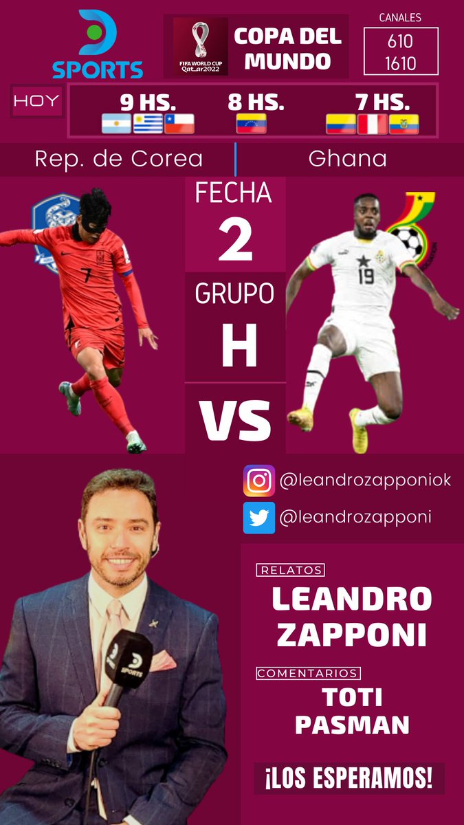 leandrozapponi's tweet photo. Seguimos disfrutando de #Qatar2022 por @DSports
Partido que puede ser definitivo para #RepublicaDeCorea 🇰🇷 y para #Ghana 🇬🇭
Los esperamos!
🐸☝️⚽😉 https://t.co/Pp2UxgP4oQ