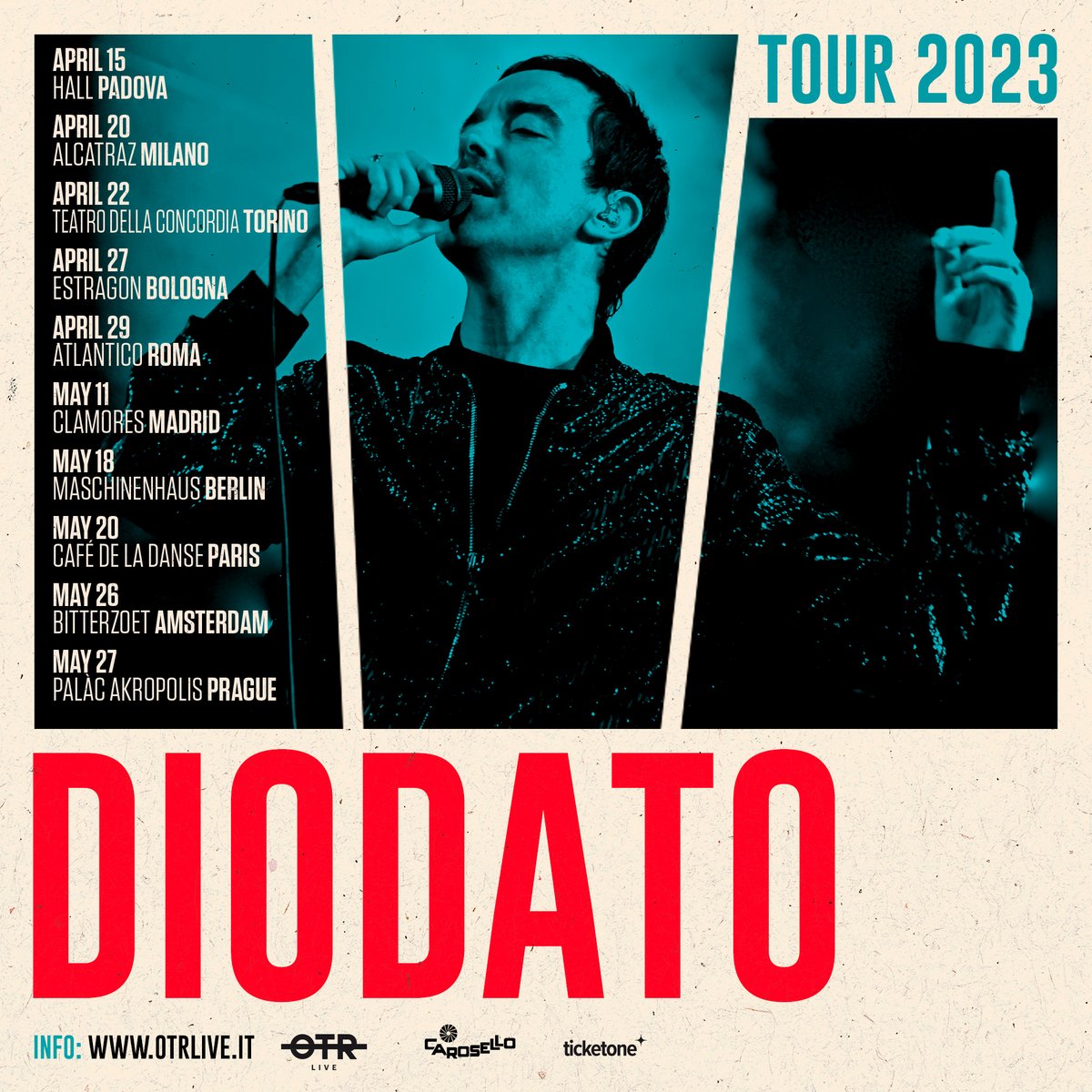 OTRlive's tweet photo. Dopo il grande successo dell’#EuropeanTour e del #NorthAmericaTour, @DiodatoMusic torna live con dieci nuovi appuntamenti nei più prestigiosi club delle principali città europee!

🎟️Info e prevendite su https://t.co/b7VXjHKIdj

#Diodato #DiodatoTour2023 #OTRLive @CaroselloRec https://t.co/TpwIpyiuxL