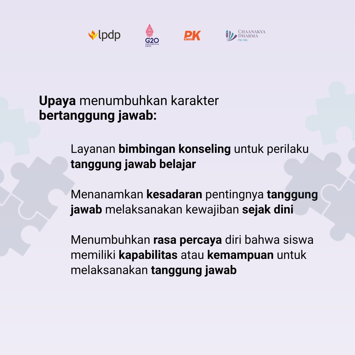 s_nurfajrin's tweet photo. Bertanggung jawab &amp; disiplin merupakan salah satu tujuan pendidikan karakter. Hal ini dapat dilakukan melalui bimbingan konseling dan penanaman nilai tanggungjawab serta kepercayaan diri sejak dini.

@lpdp_ri
@pk196lpdp
#DiriUntukNegeri
#SDMUnggulIndonesiaMaju
 #AkuPastiMengabdi https://t.co/TDIeDrPCwu