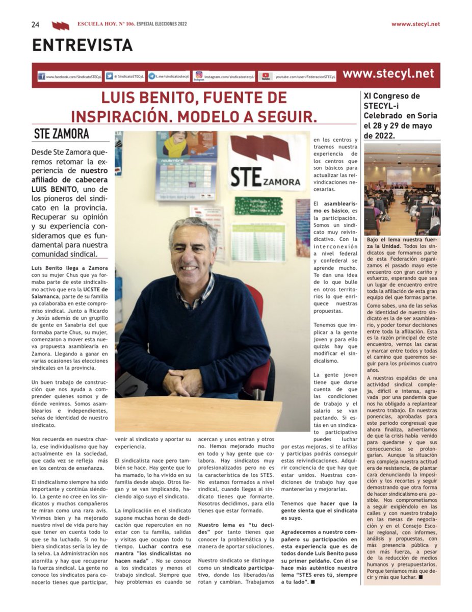 stezamora15's tweet photo. ¿No sabes a quién confiar tu voto? 🗳

👀Lee el artículo de Escuela Hoy, “Luis Benito”. 

En @SindicatoSTECyL 
🔸 trabajamos x NUESTROS derechos ✊🏼
🔸 marcamos líneas de trabajo
🔸 creamos juntos los #DerechosLaborales . 

¿Quieres cambios? VÓTANOS, el cambio está en tu ✋🏻 https://t.co/ywpCWOw69F