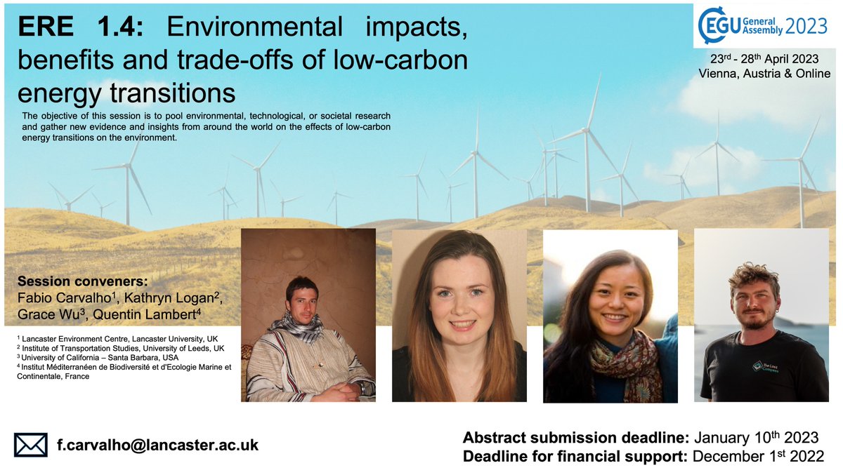 The @Energy_Environ Team are joining @KathrynLogan_, @gcc_wu and Quentin Lambert at #EGU23 to discuss the low carbon energy transition and its environmental implications👇. meetingorganizer.copernicus.org/EGU23/session/… Deadline for financial support is 1st December. Apply!!!