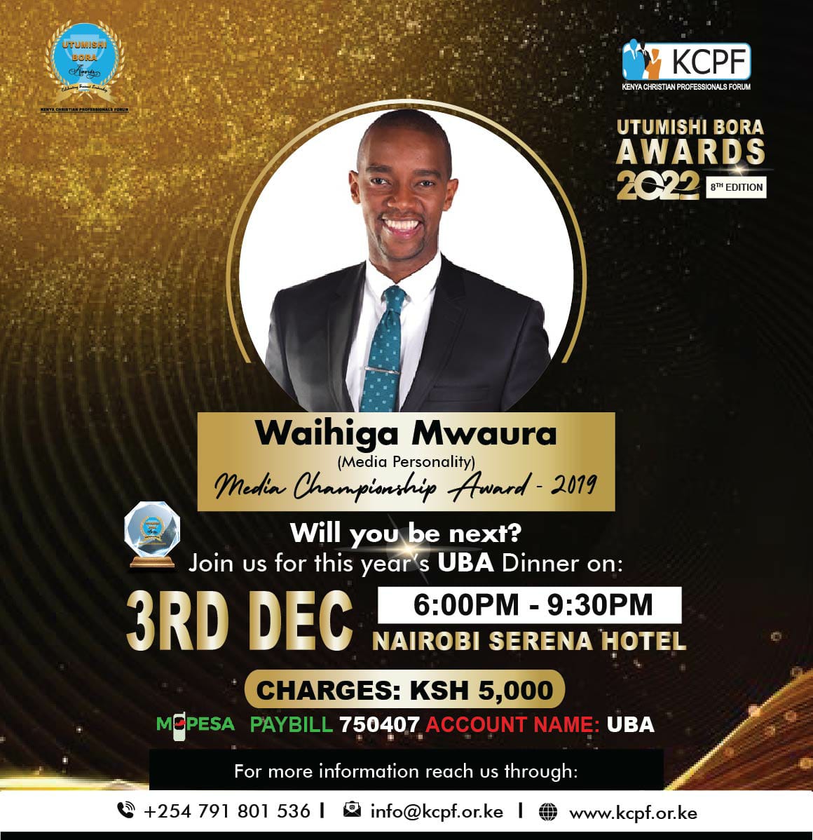 KenyaCPF's tweet photo. Waihiga Mwaura @WaihigaMwaura  of @citizentvkenya  was the recipient of the Media Championship Award (2019). 

Who will be the next?

Join us on Saturday, 3rd December 2022 at the Nairobi Serena Hotel to find out! https://t.co/XNB8MqyFxV