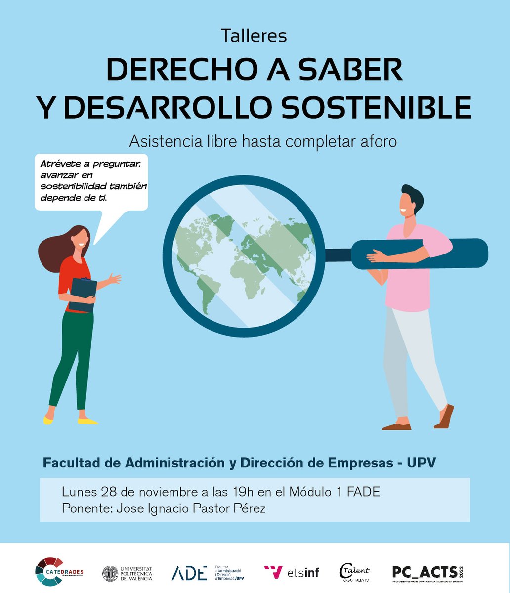Esta tarde a las 19h tendremos el último taller sobre DERECHO A SABER Y DESARROLLO SOSTENIBLE a cargo de <a href="/joseigpastor/">Jose Ignacio Pastor</a>
Os esperamos en el Módulo 1 de la Facultad de Administración y Dirección de Empresas - UPV
<a href="/adeupv/">ADE UPV</a> <a href="/UPV/">Universitat Politècnica de València</a> @Caedrades <a href="/etsinfupv/">ETSINF UPV</a>
#AGENDA2030