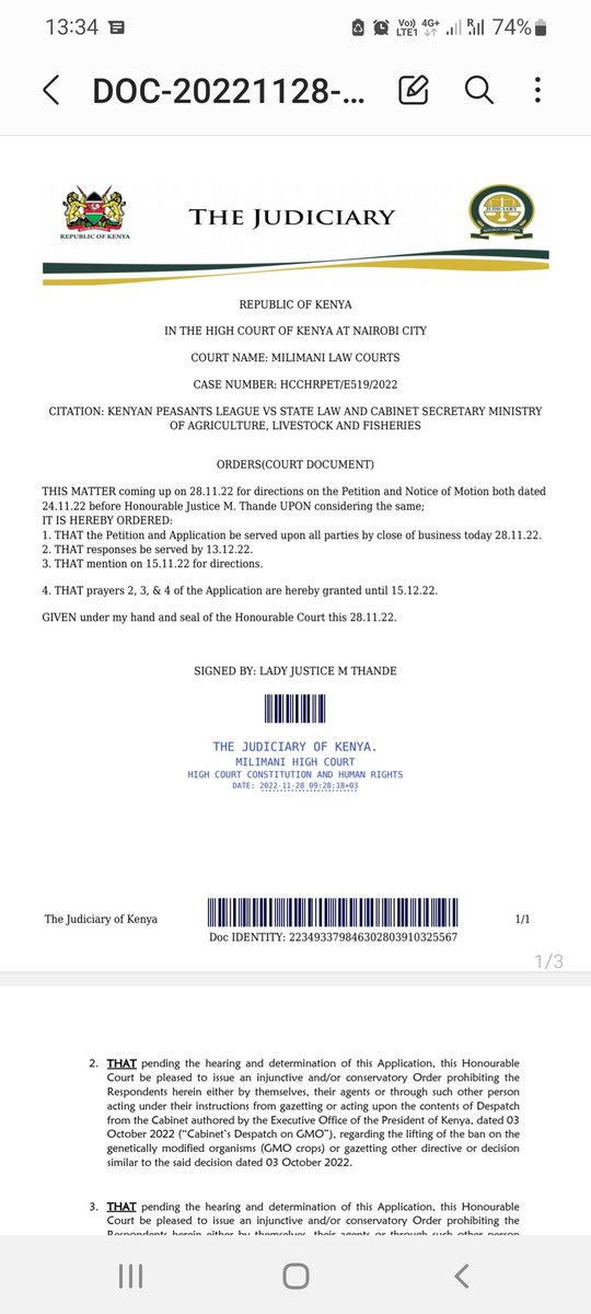 WachiraBW's tweet photo. High Court has stopped the importation &amp; distribution of GMOs until a case filed by the Kenyan Peasants League is heard and determined.

Justice Mugure Thande also suspended the cabinet directive that lifted the ban on GMOs in Kenya.

Great work by @PeasantsLeague &amp; @arendeoriri https://t.co/HhM71kHkao