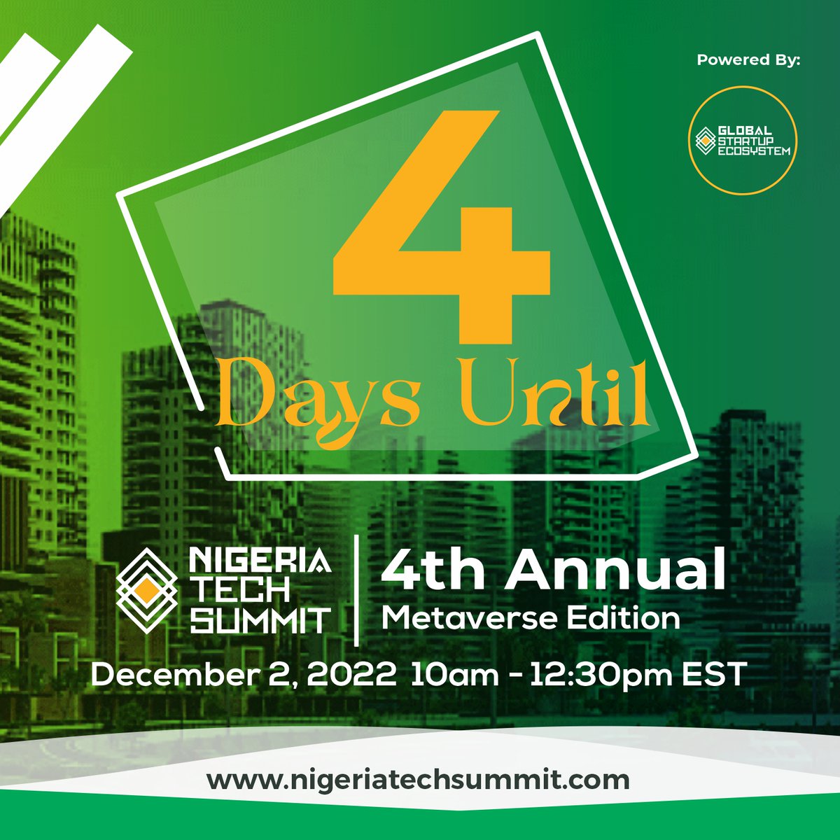 Nigeriatechx's tweet photo. ***Countdown
Join us for the 4th Annual Nigeria Tech Summit (Metaverse Edition). Happening on December 2, 2022. An initiative hosted by the Global Startup Ecosystem.

**** RSVP For Free via:https://t.co/ZrJzn5k0L0
#nigeriatechsummit22
#metaverseedition https://t.co/QHZkIwEBLV