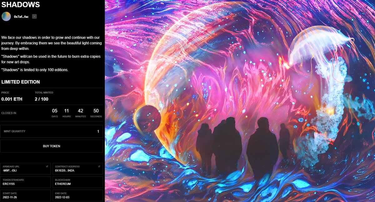 "Shadows" ✨

2/100 minted so far with about 5 days still left ❤️

Holders will be able to participate in future giveaways as well as have chances to burn extra copies for new art 😁❤️