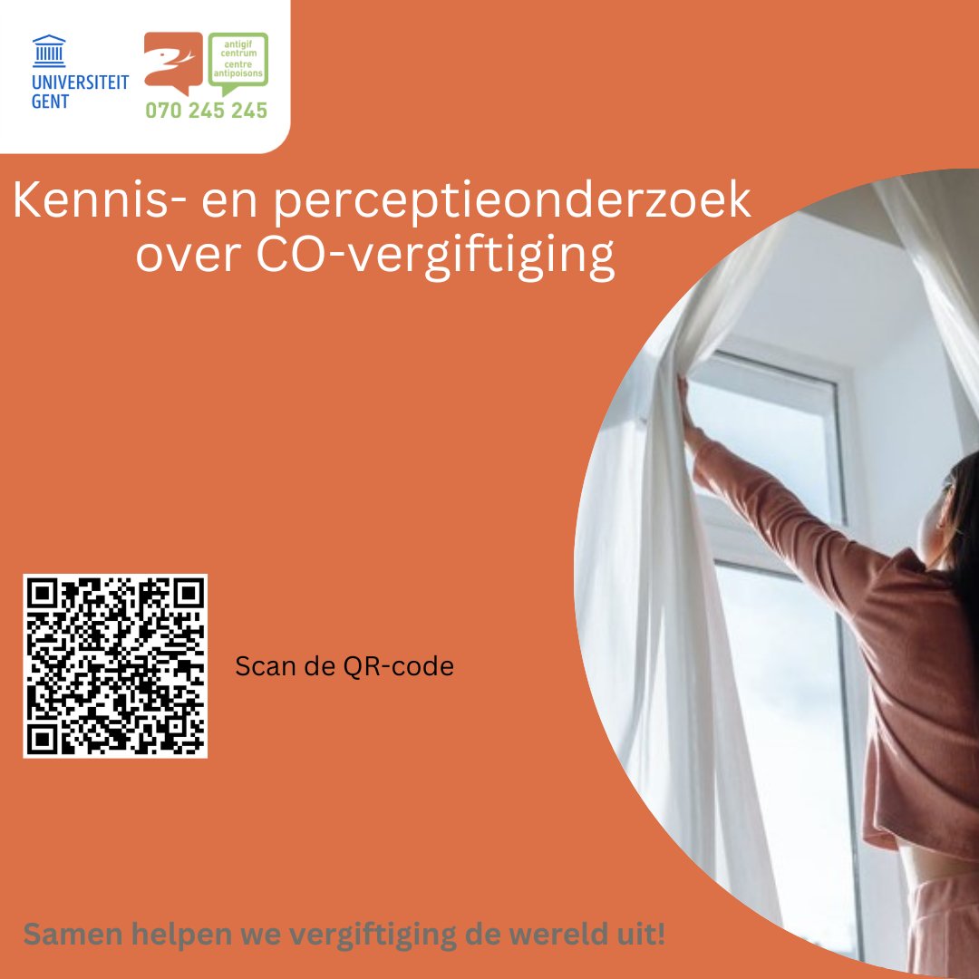 CO-vergiftiging kost levens, maar is makkelijk te voorkomen. Kennis van preventie is cruciaal. Is deze kennis voldoende aanwezig? #antigifcentrum en @Ugent lanceren daarom een CO-kennisonderzoek. Neem deel! 
👉bit.ly/3Vo024W
<a href="/VandijckD/">Dominique Vandijck</a> <a href="/annemariedesca2/">Anne-Marie Descamps</a> @Hanna_Vnov ❤️💚