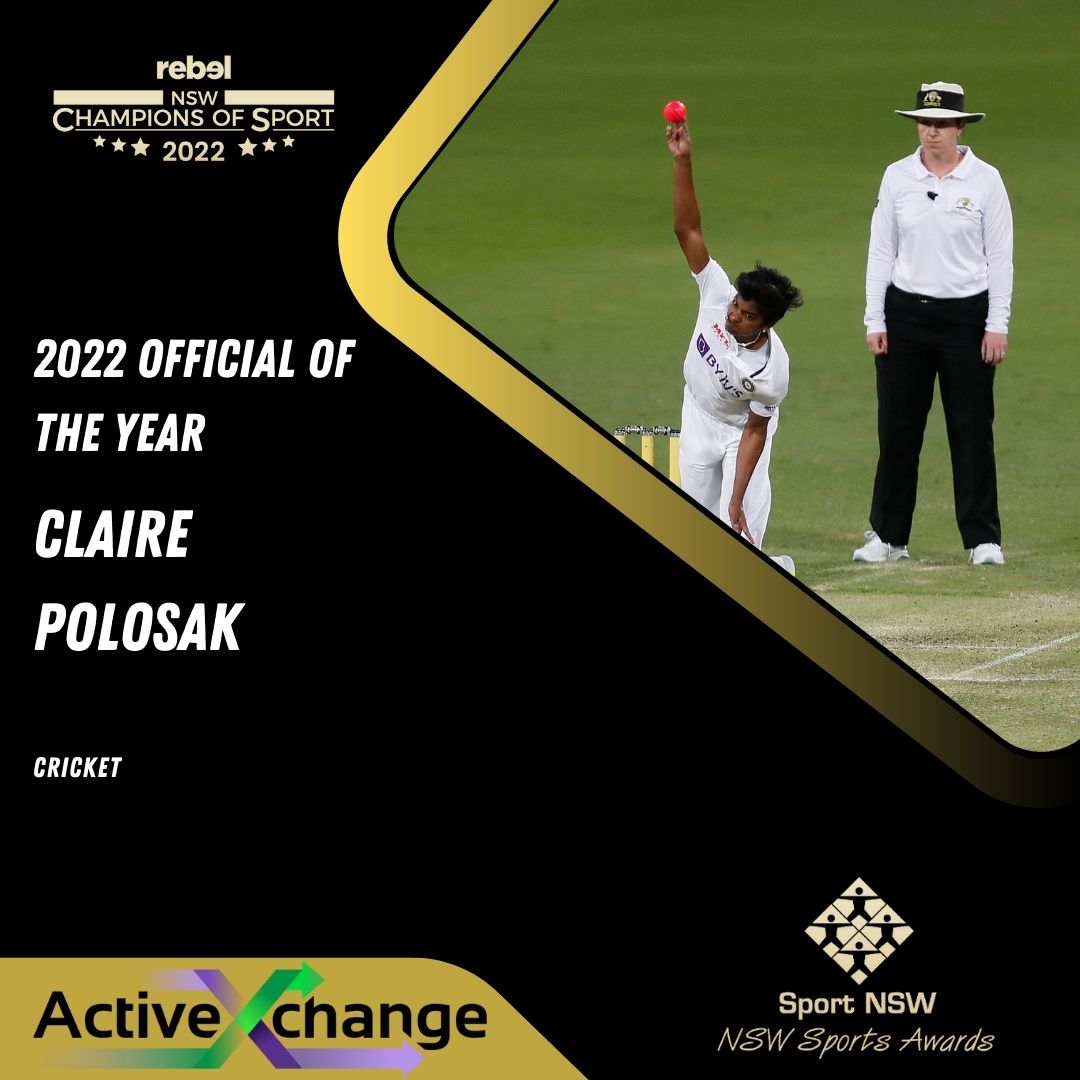 sportnsw's tweet photo. She has been instrumental in the promotion of female referees. Help us congratulate Commonwealth Games &amp; ICC Women’s World Cup umpire Claire Polosak (Cricket) for winning the 2022 Active Xchange Official of the Year! #NSWSportsAwards #RebelSport #ICCSYD https://t.co/OeHVpQ8fMa