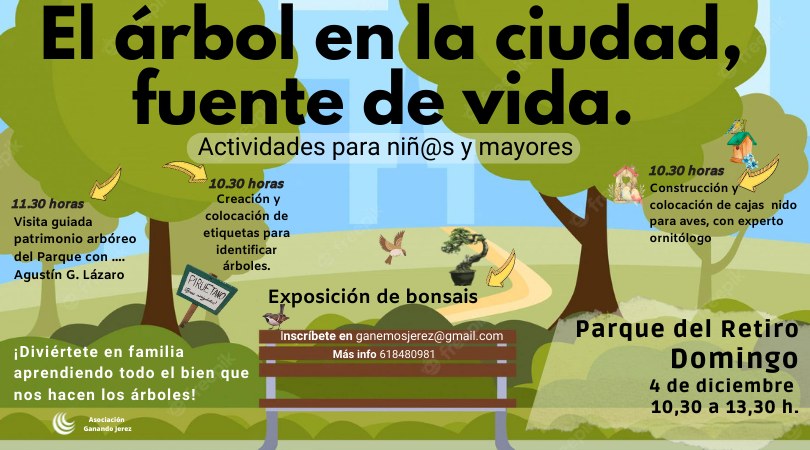 DRY_Jerez's tweet photo. Los árboles en los entornos urbanos ofrecen una infinidad de beneficios. Actividad de @GanemosJerez para toda la familia este próximo domingo 4 en el Parque del Retiro en la que aprender cuánto bien hacen los árboles en las ciudades. https://t.co/haH6XaHrBm #ElArbolFuenteDeVida https://t.co/9Q6BdFHiM6