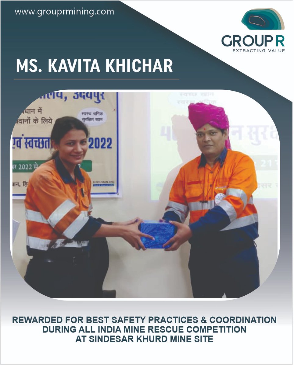 GroupR_Mining's tweet photo. "An employee is the most valuable asset to a company." 
Our employee, Ms. Kavita Khichar, was recently rewarded for her efforts in All India Mine Rescue Competition at Sindesar Khurd Mine. 
#mining #womeninmining #employees #miningindustry #mining #miningengineer #grouprmining https://t.co/4cksVL3coh