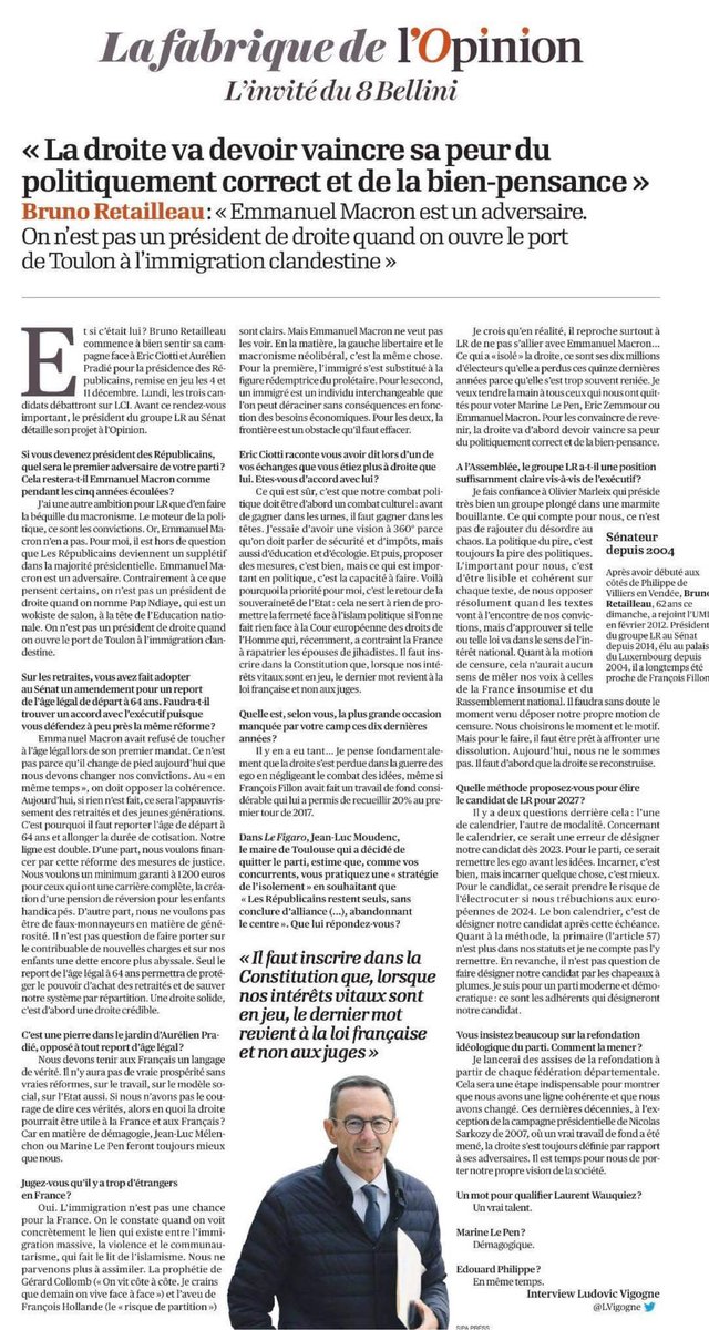 BrunoRetailleau's tweet image. « Notre combat politique doit être d’abord un combat culturel : avant de gagner dans les urnes, il faut gagner dans les têtes. » Retrouvez mon interview dans @lopinion_fr