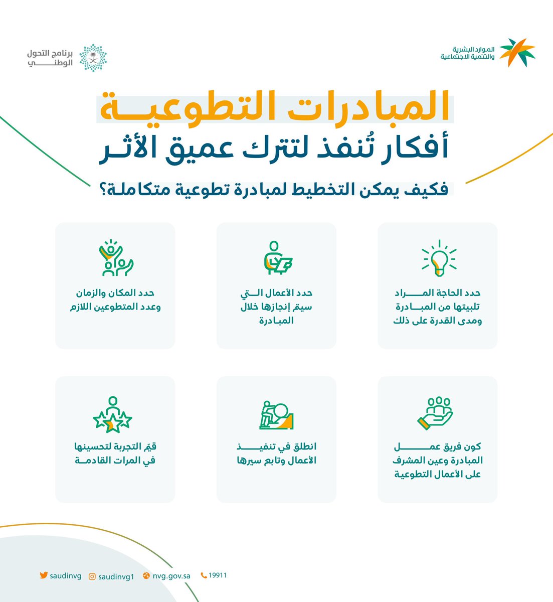 " اصنع من كل فكرة دارت بذهنك مبادرة تطوعية تُحدث بها عميق الأثر، وتقدم من خلالها عظيم الفائدة .. "

شاركوا بطرح أفكار لمبادرات تطوعية .. 

#العمل_التطوعي
#تطوّع_بخبرتك
#مليون_متطوع
#المنصة_الوطنية_للعمل_التطوعي
#تطوع_بفكرة
#اليوم_العالمي_للتطوع 
#يوم_التطوع_السعودي_والعالمي