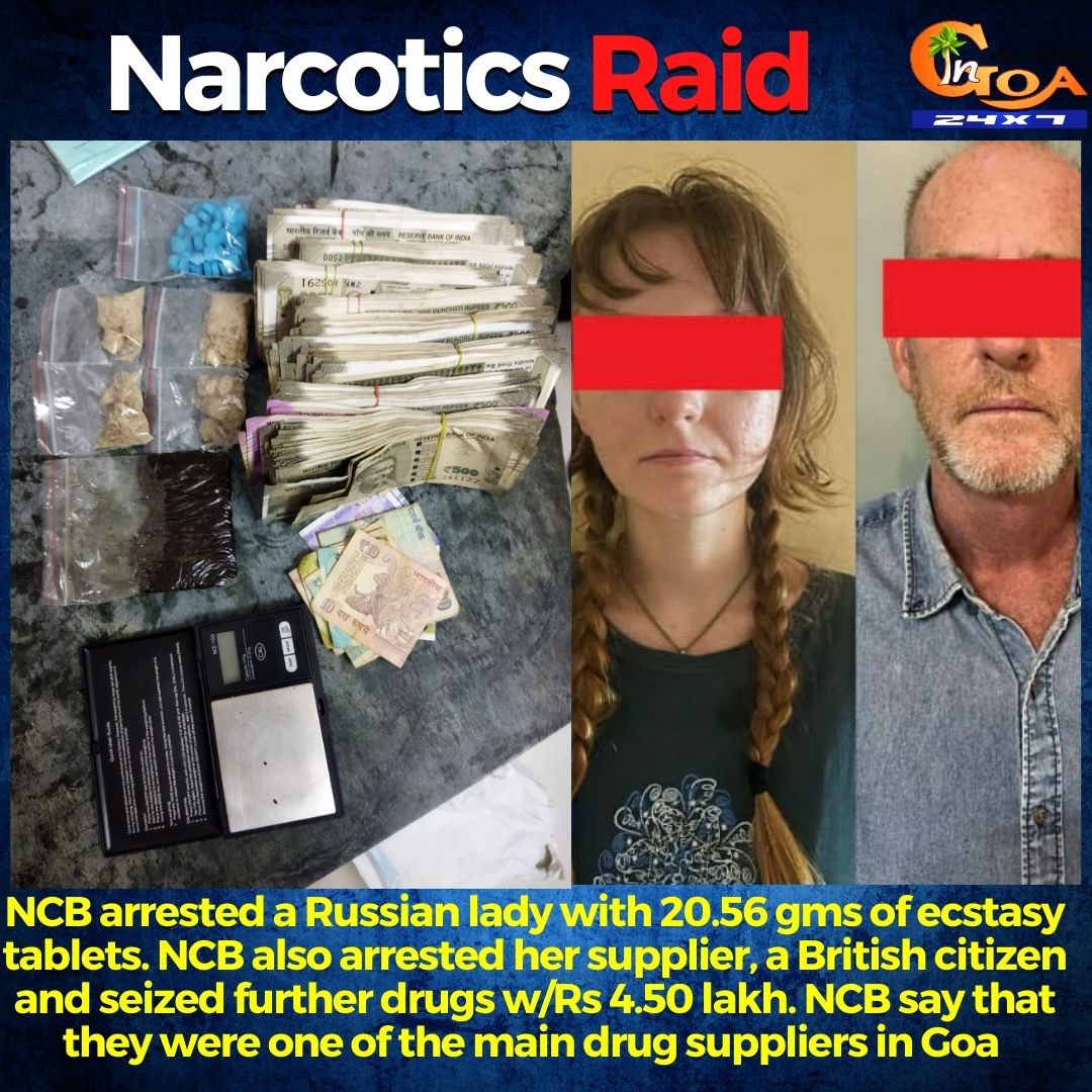 InGoa24x7's tweet photo. #BigRaid- NCB arrested a Russian lady with 20.56 gms of ecstasy tablets. NCB also arrested her supplier, a British citizen and seized further drugs w/Rs 4.50 lakh. NCB say that they were one of the main drug suppliers in Goa
#Goa #GoaNews #Drugs https://t.co/ahmuFFJgDo