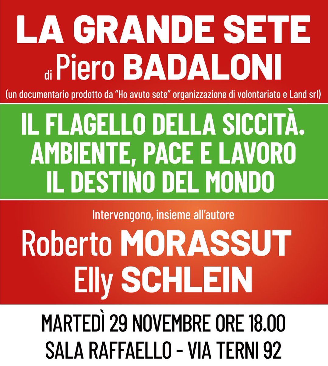 LA #SICCITÀ MINACCIA PER LA VITA E PER LA #PACE 

Un grande documentario realizzato da Piero Badaloni. Ne discutiamo con l’autore ed Elly Schlein martedì 29 novembre alla Sala Raffaello-Cinema Fiorelli. Vi aspetto