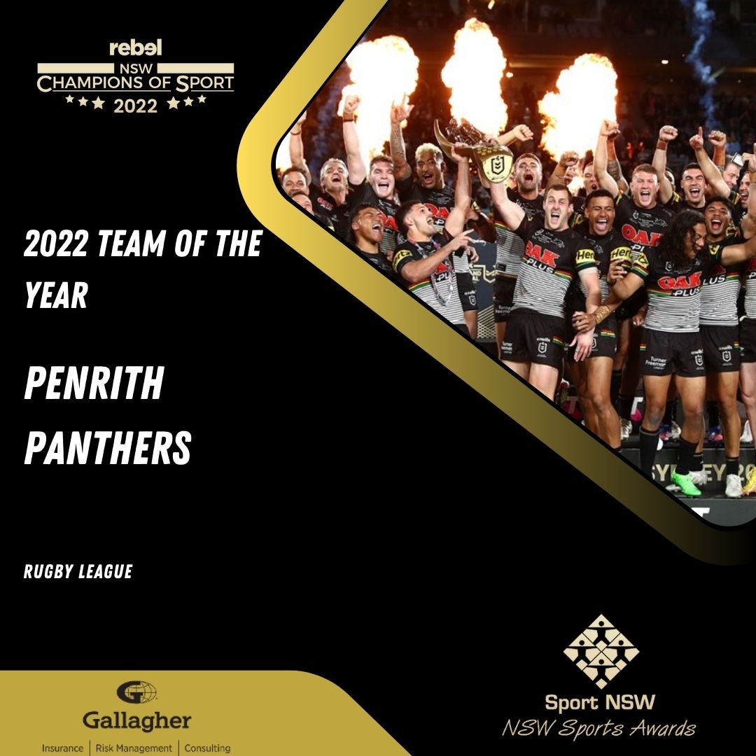 sportnsw's tweet photo. The @PenrithPanthers finish off a dominant 2022, taking out the Telstra NRL Premiership, The Knock On Effect NSW Cup, Jersey Flegg AND SG Ball Premierships, and now the @gallagher_AUS Team of the Year! #NSWSportsAwards #RebelSport #ICCSYD #PantherPride https://t.co/isxk8nu0Uk