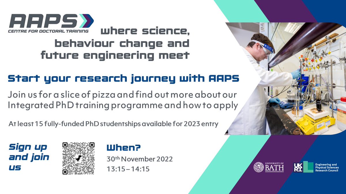 🚨📅Start your Research Journey with AAPS 

Join us this Wednesday at 13:15 for a slice of pizza and find out more about our Integrated PhD training programme and how to apply

Sign up to attend here ⬇⬇⬇
bit.ly/3fOnMjp

#phd #research #transport #mobility #engineering
