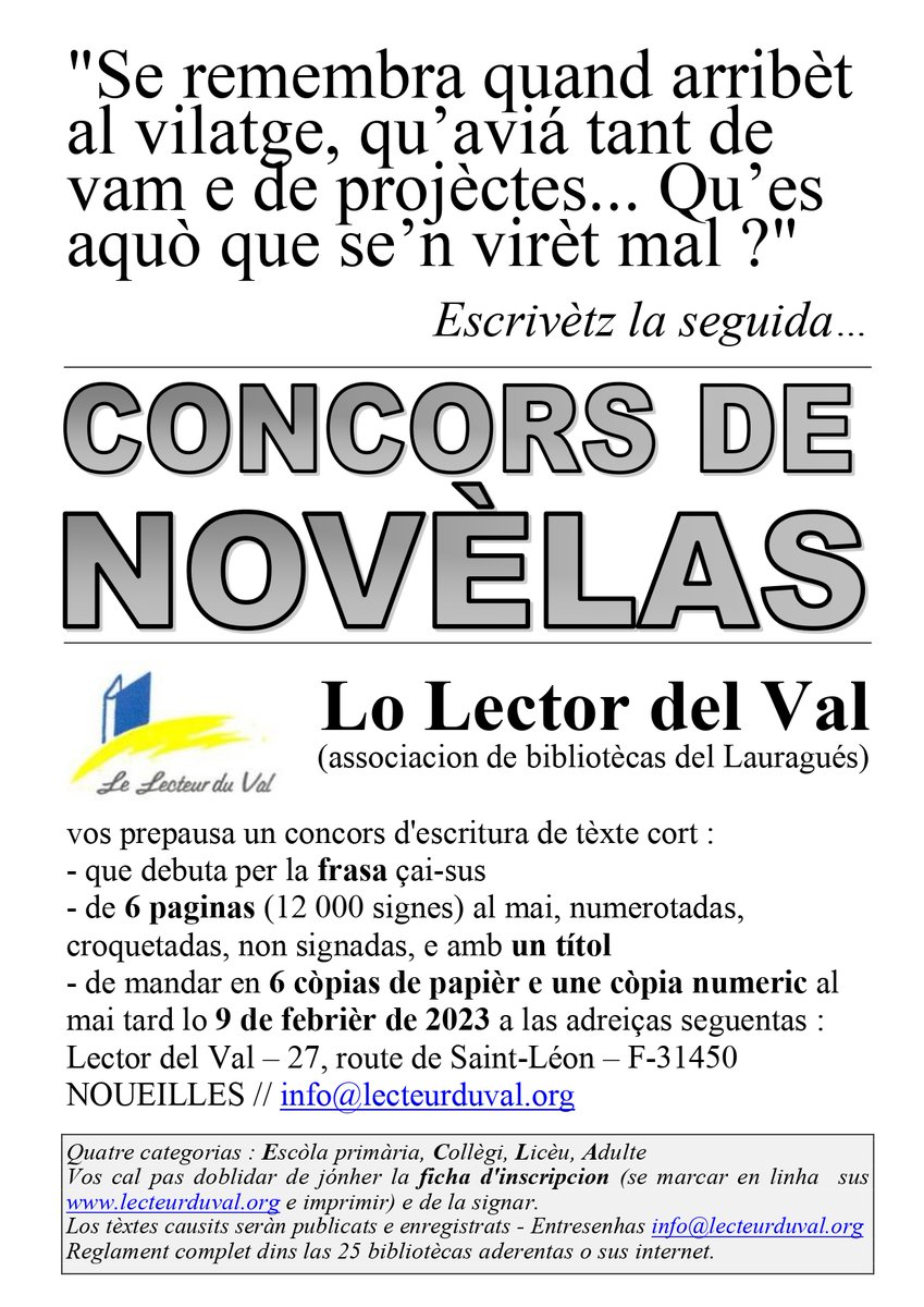 locongres's tweet photo. [OC] #Concors de novèlas del @lecteurduval : 25en concors, produccion a enviar fins al 9 de febrièr de 2023
[FR] #Concours de nouvelles du @lecteurduval : 25e concours, production à envoyer jusqu'au 9 février 2023
https://t.co/NGdf9QkA3U https://t.co/BEMtXNVref