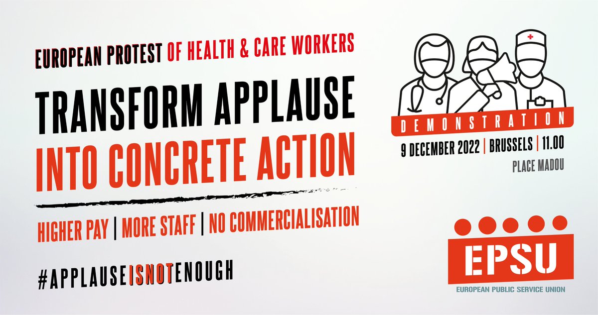 📉Stress, low pay, inadequate staffing levels... Our #health and #care systems are on the verge of collapse.

EPSU and its affiliates will call on 🇪🇺 health ministers to transform applause into concrete action. Join us!

🗓️9 December, Friday - 11.00
📍Brussels