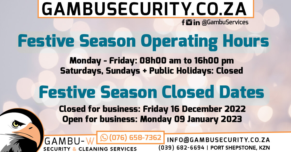 GambuServices's tweet photo. Our operating hours & closure dates 👇📅🕛
#festiveseason #operatinghours #businesshours #holidayseason #closingdates #margate #kznsouthcoast #cleaningcompany #securitycompany #happyholidays #instasecurity #instabusinesswoman #southafricanwomen #blackbusinesswomen https://t.co/8R39muxRJm