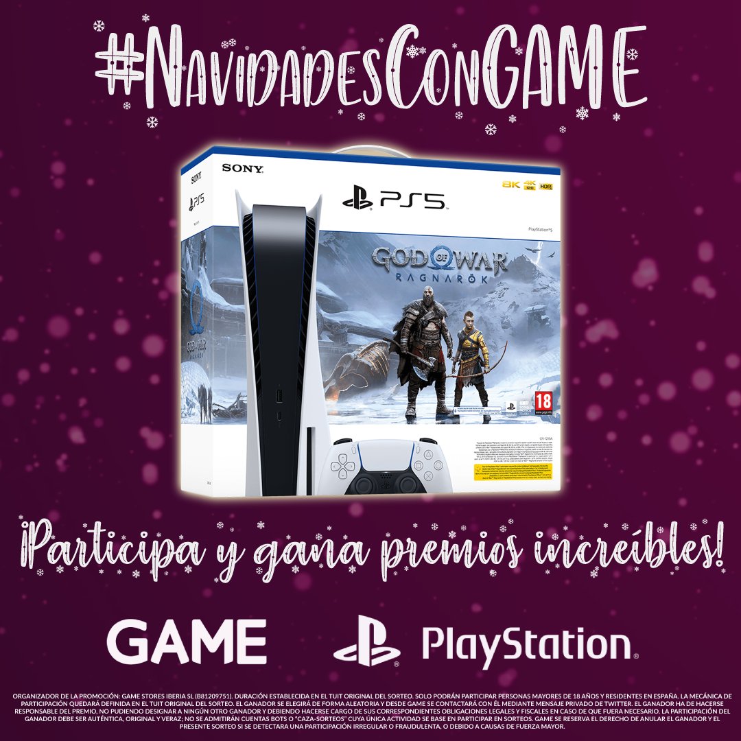 GAME España (@videojuegosgame) on Twitter photo 🎁 ¡Vuelven los mejores sorteos de estas Navidades! 🎁
🪓 GANA este increíble PACK de #PS5 + #GodOfWarRagnarök 🪓
🔄 RT + Síguenos y a <a href="/PlayStationES/">PlayStation España</a>.
📲 Responde con #NavidadesConGAMEyPlayStation y cita a un AMIG@.
⏱ Participa hasta el 04/12.
BBLL 👉 ow.ly/9WRf50LOEhp 🎁 ¡Vuelven los mejores sorteos de estas Navidades! 🎁
🪓 GANA este increíble PACK de #PS5 + #GodOfWarRagnarök 🪓
🔄 RT + Síguenos y a <a href="/PlayStationES/">PlayStation España</a>.
📲 Responde con #NavidadesConGAMEyPlayStation y cita a un AMIG@.
⏱ Participa hasta el 04/12.
BBLL 👉 ow.ly/9WRf50LOEhp