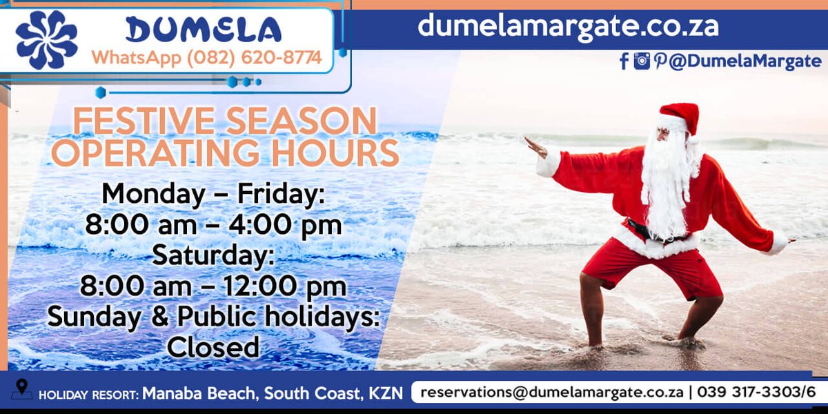 DumelaMargate's tweet photo. The festive season is here which means it is time to enjoy the sun, sand + surf!
#kznsouthcoast #operatinghours #festivehours #closingdates #holidayseason #margate #uvongo #ramsgate #shellybeach #manaba #portshepstone #accommodation #holidayaccommodation #selfcatering https://t.co/KjK4VNctLr