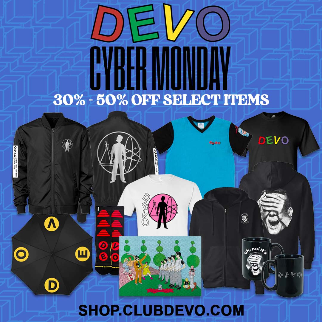DEVO's tweet photo. CYBER MONDAY DEALS on Official DEVO Merchandise at https://t.co/JZAjaauGiM.

#cybermonday
#cybermondaysale
#devo
#clubdevo https://t.co/tcbMpvPUY3
