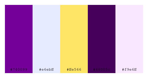 ColPaletteBot's tweet photo. Beep beep, here's a pretty color palette for you!
color-scheme.js parameters used:
- hue: 94
- variation: hard
- colors: #740099, #e6ebff, #ffe566, #46005c, #f9e6ff
Have a lovely day!
#twitterbot #colorpalette #colors #palette #prettycolors https://t.co/b8Mhv3Nqz5