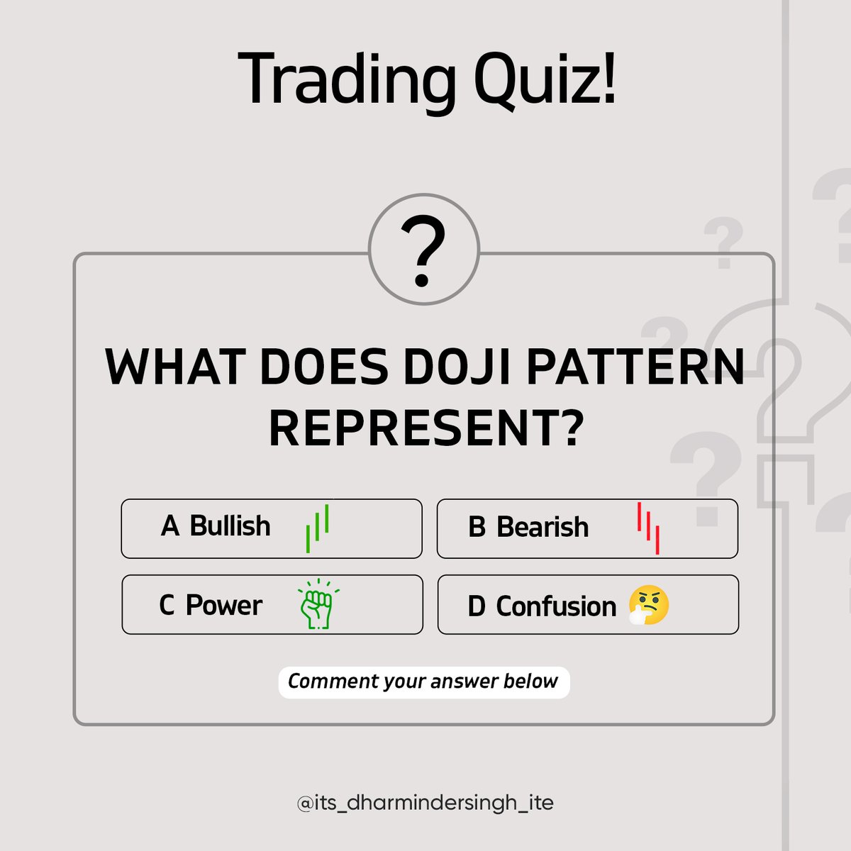 DharminderITE's tweet photo. What does Doji pattern represent?
Comment your answer below👇
#dharmindersingh #BullishAF  #bearish #guess #learntrading #learnstockmarket #tradingbasics #tradingterms #punjabitrading #stockmarket #stocks #investing #trading #business #WhatsApp #GPay #coke #Haryana #Trending https://t.co/POBT4AWLbD