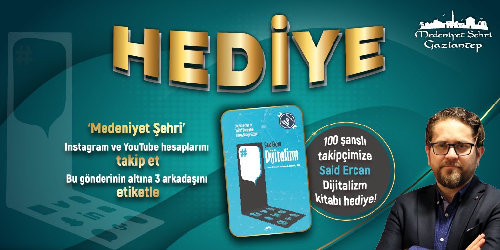 medeniyet_sehri's tweet photo. 100 şanslı kişiye @saidercan’ın ‘Dijitalizm’ kitabı hediye! 📚 

Kitap hediyesi için yapmanız gerekenler; 

📌 ‘Medeniyet Şehri’ Twitter ve Youtube hesaplarını takip et.
📌 Bu gönderiyi RT + FAV yap.
📌 3 arkadaşını bu gönderi altına etiketle.

Bol şans! 🍀 https://t.co/ThXaSEfgwY