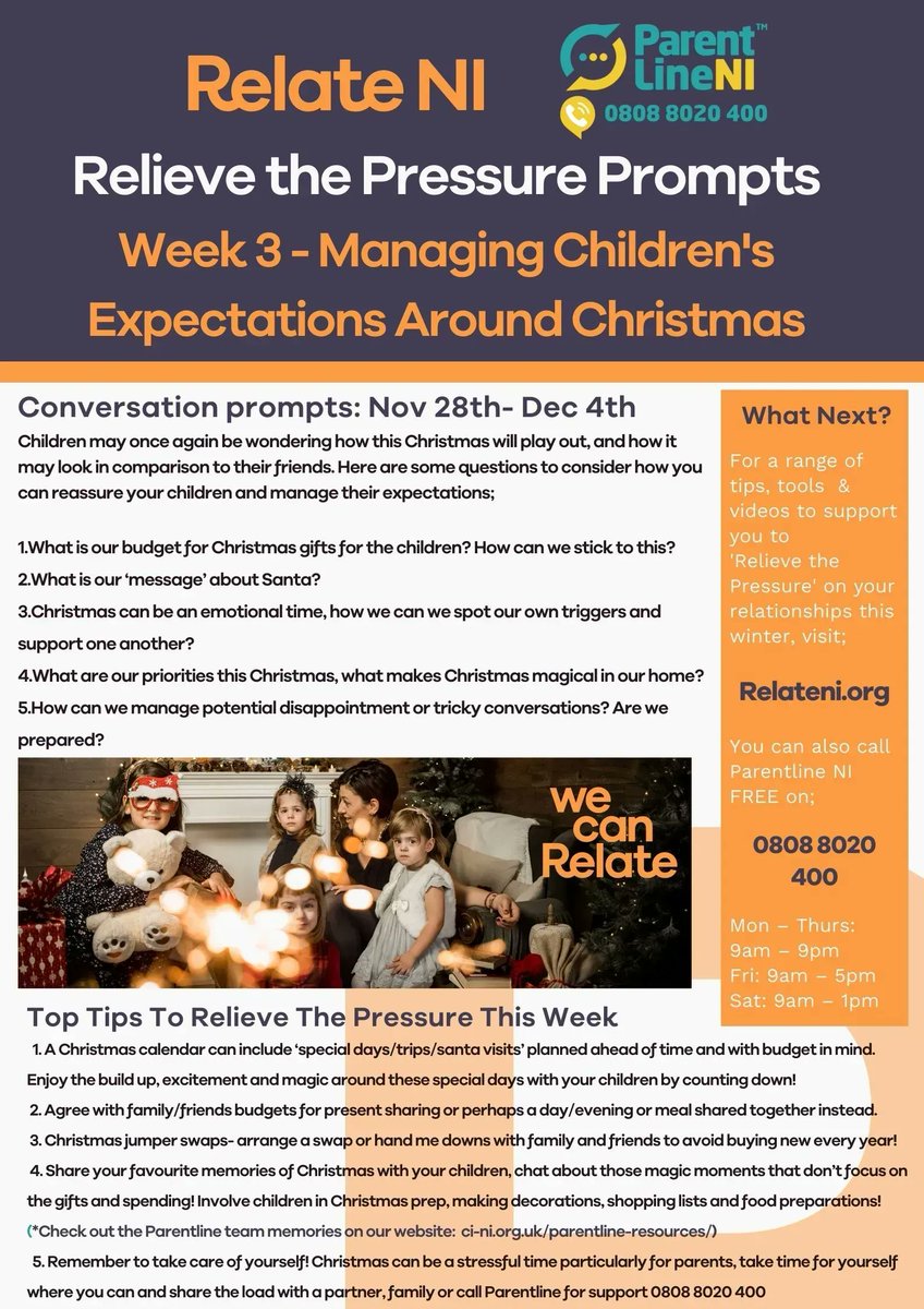 RelateNI's tweet photo. In Week 3 of our campaign to #RelieveThePressure on Relationships this Winter, #Parentline is encouraging us to think about Children's expectations around Christmas 👦 🎄
How can we manage potential disappointment & tricky conversations?⬇️
More tips➡️ https://t.co/UjdpuOyLZC https://t.co/IX8lSezYHn