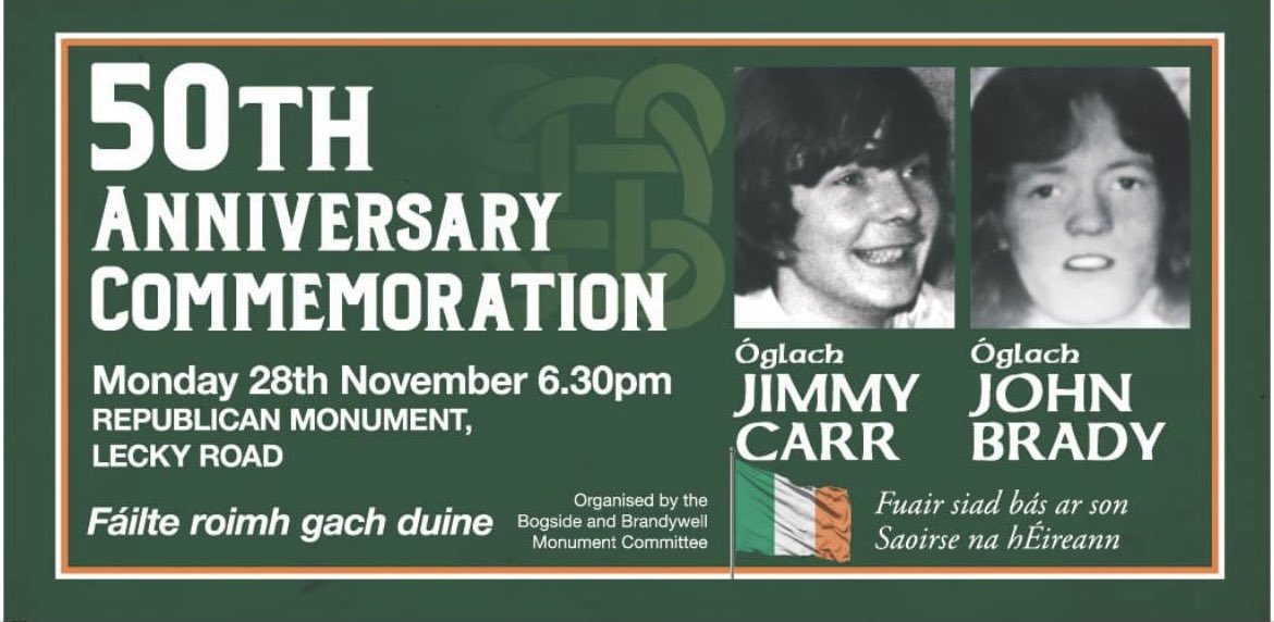 50th Anniversary - Òglach John Brady and Òglach Jimmy Carr. On this day in 1972, Derry Brigade IRA volunteers Jimmy Carr and John Brady were killed in Meenan Square when a bomb prematurely exploded.

#AOH
#FFAI
#IRELAND
#DERRY
<a href="/hiberniandigest/">AOH National</a> 
<a href="/MuseumFreeDerry/">Museum of Free Derry</a> 
<a href="/sinnfeinireland/">Sinn Féin</a>