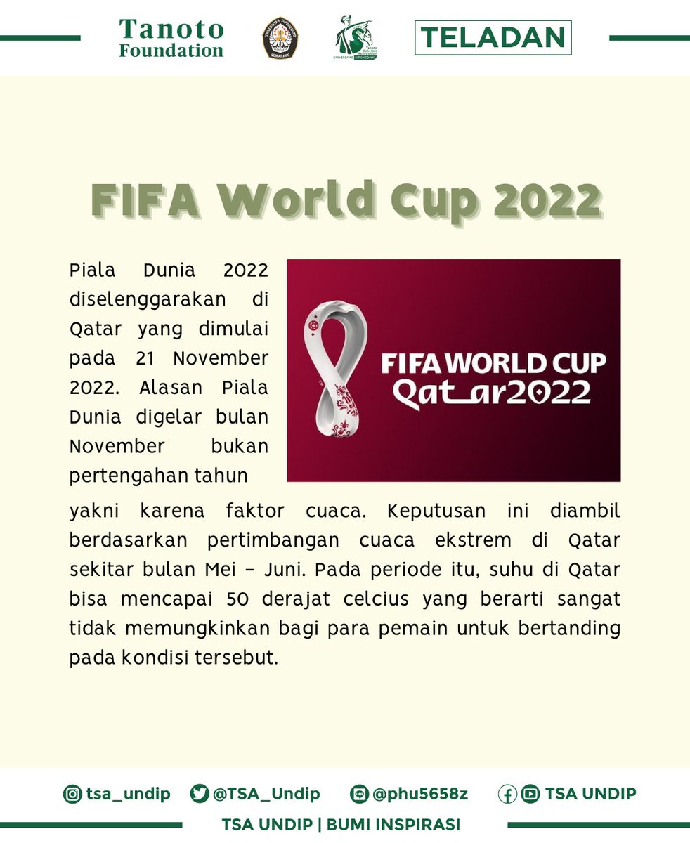 tsa_undip's tweet photo. [TRIVIA: FIFA WORLD CUP 2022] 

Hi, T-Friends! 

FIFA World Cup 2022 yang diadakan di Qatar sudah dimulai sejak 21 November lalu dan akan berlangsung hingga Desember mendatang. 

World Cup atau Piala Dunia tahun ini memiliki banyak fakta menarik lho, https://t.co/IraweGBmfs