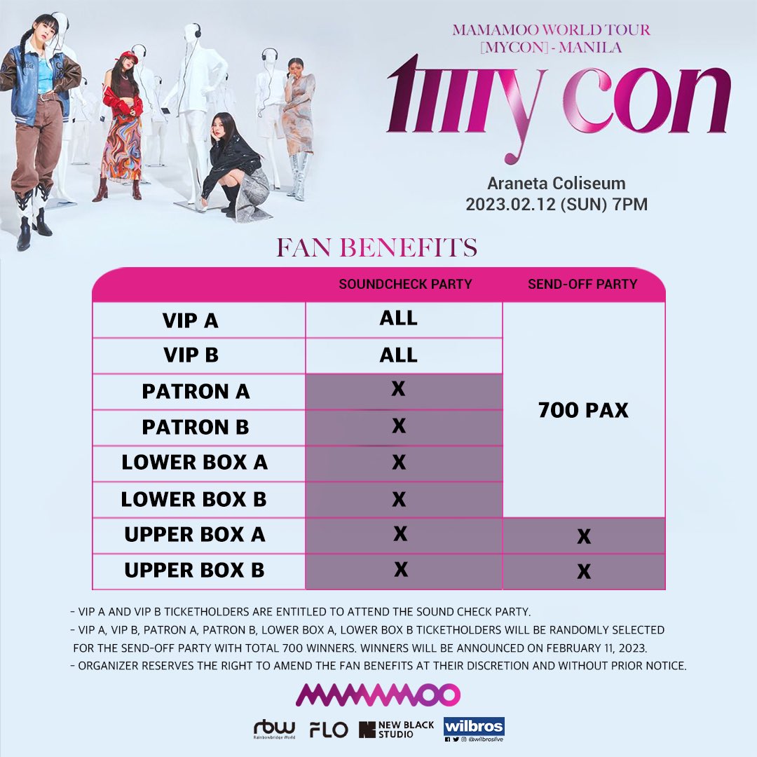 Tickets at Popular Prices! 🎫
𝐌𝐀𝐌𝐀𝐌𝐎𝐎 𝐖𝐎𝐑𝐋𝐃 𝐓𝐎𝐔𝐑
[MY CON] - MANILA
Feb 12, 2023 • Araneta Coliseum

Tickets on-sale Dec 4 Sun 10AM
TicketNet.com.ph and TicketNet outlets
ticketnet.com.ph/Events/detail/…