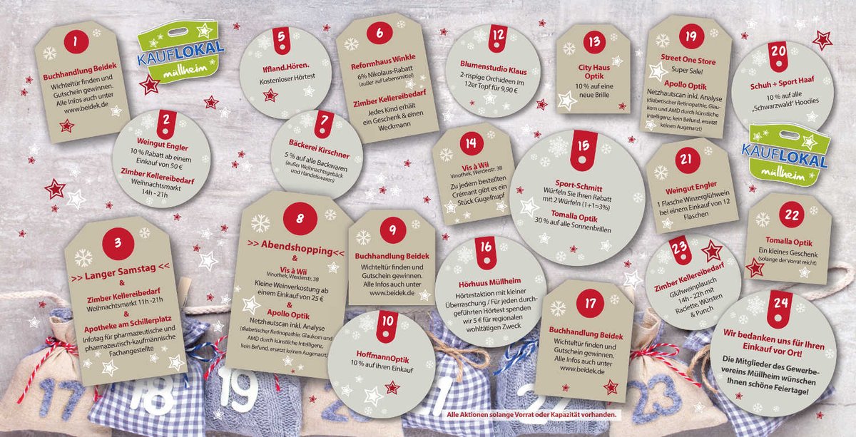 „Müllheimer Adventsaktionen 2022“ – Jeden Tag eine andere Aktion in einem anderen Geschäft! Alle Infos hier: bit.ly/3F7bb4D

Bilder: KAUF LOKAL Müllheim