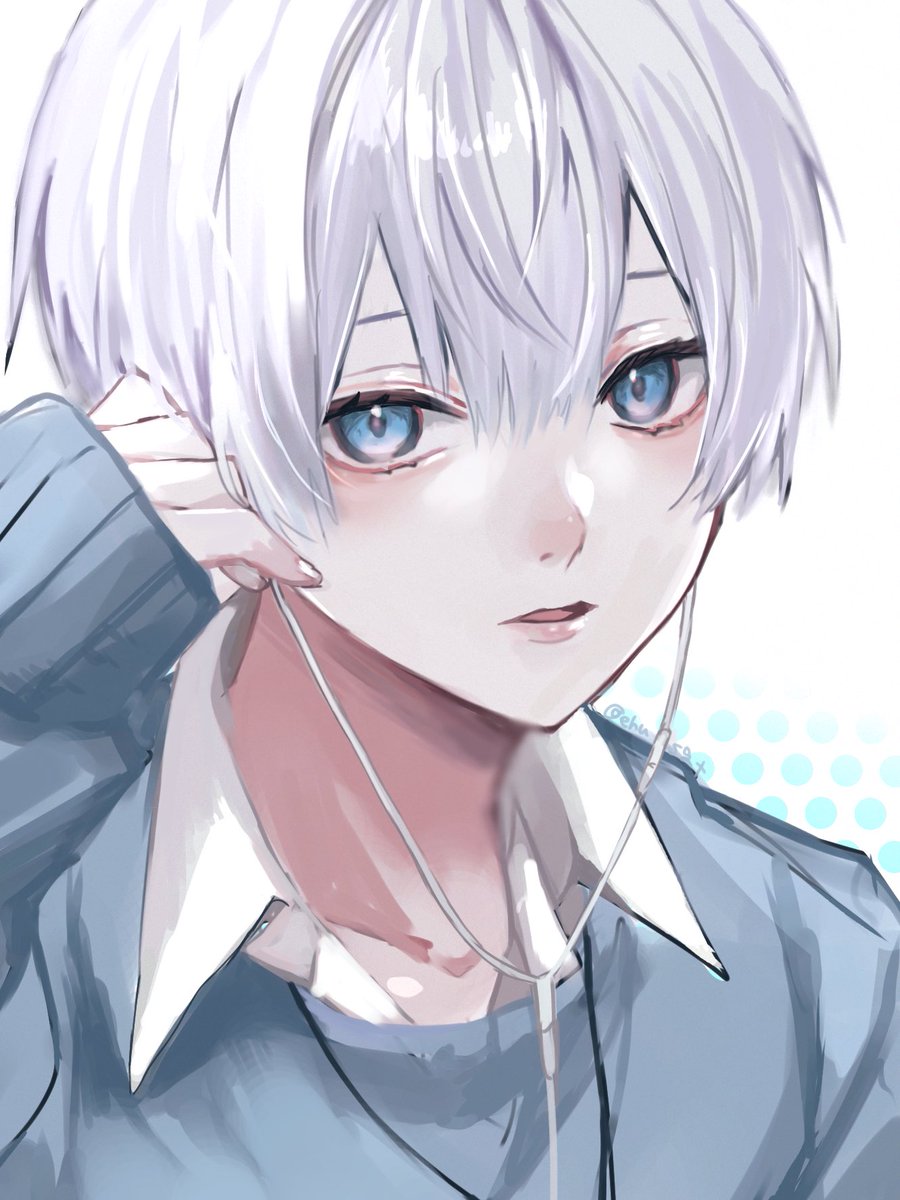 solo blue eyes 1boy male focus earphones looking at viewer white hair  illustration images