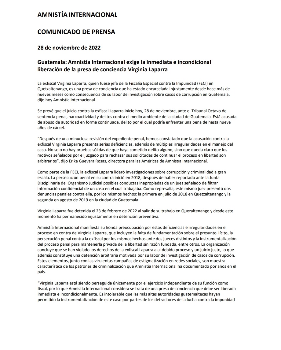 Ricigt1's tweet photo. 🚨Urgente: Amnistía Internacional @amnistia declara presa de conciencia a la exfiscal detenida por el regimen Virginia Laparra y solicita su liberación inmediata. La detención de Laparra viola la normativa internacional de derechos humanos. #SOSGuatemala https://t.co/V5qbZ2NEMb