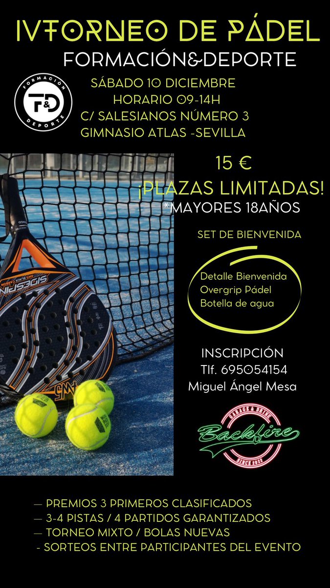 IV TORNEO PÁDEL🎾
FORMACIÓN&amp;DEPORTE

‼️El próximo sábado día 10 de Diciembre tendrá lugar nuestro IV TORNEO PÁDEL FORMACIÓN&amp;DEPORTE en horario de 09-14H en las instalaciones <a href="/AtlasGimnasio/">Atlas Gimnasio</a> 

INSCRIPCIÓN ABIERTA📑
¡Te esperamos!

ℹ️MÁS INFORMACIÓN