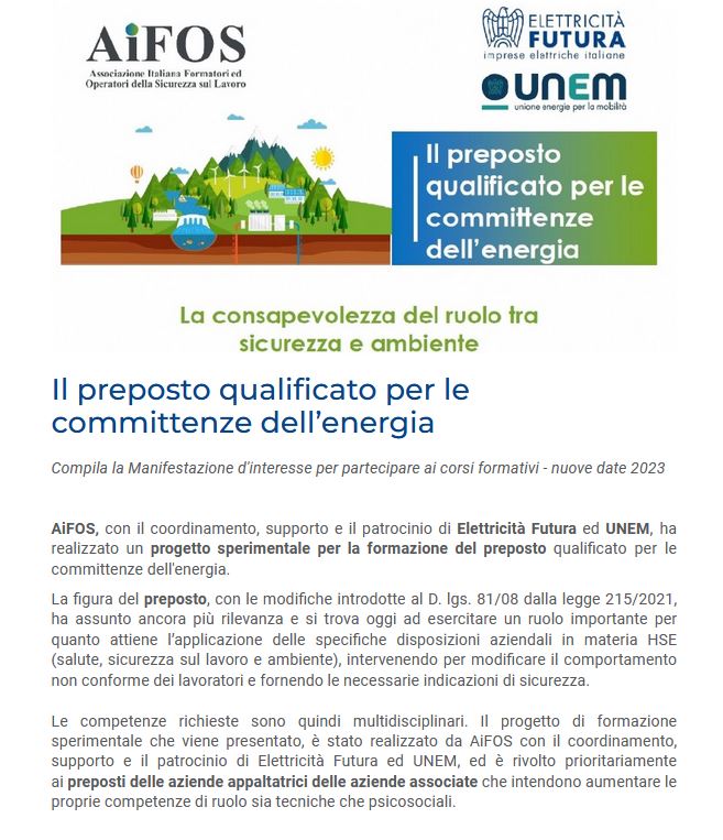 unem_it's tweet photo. @aifositalia, con il coordinamento, supporto e patrocinio di #unem e @E_Futura, ha realizzato un progetto sperimentale per la formazione del preposto qualificato per le committenze dell'energia. Il corso si tiene 28 e 29, ospitato da #iplom. Le #info https://t.co/4WE0f8LSHL https://t.co/xo8svlXXcH