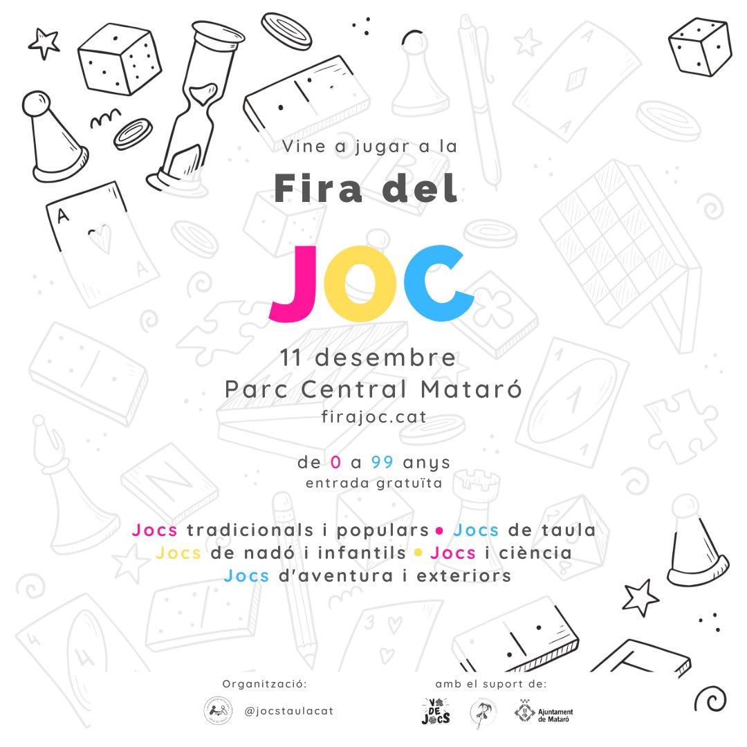 📢 El pròxim 11 de desembre: Fira del Joc a Mataró (Parc Central).

Tot un dia ple de jocs per tothom.

Jocs gegants, jocs d'aventura i escape rooms, jocs de taula, jocs tradicionals, jocs i ciència i molt més!

 Algunes activitats requereixen inscripció firajoc.cat