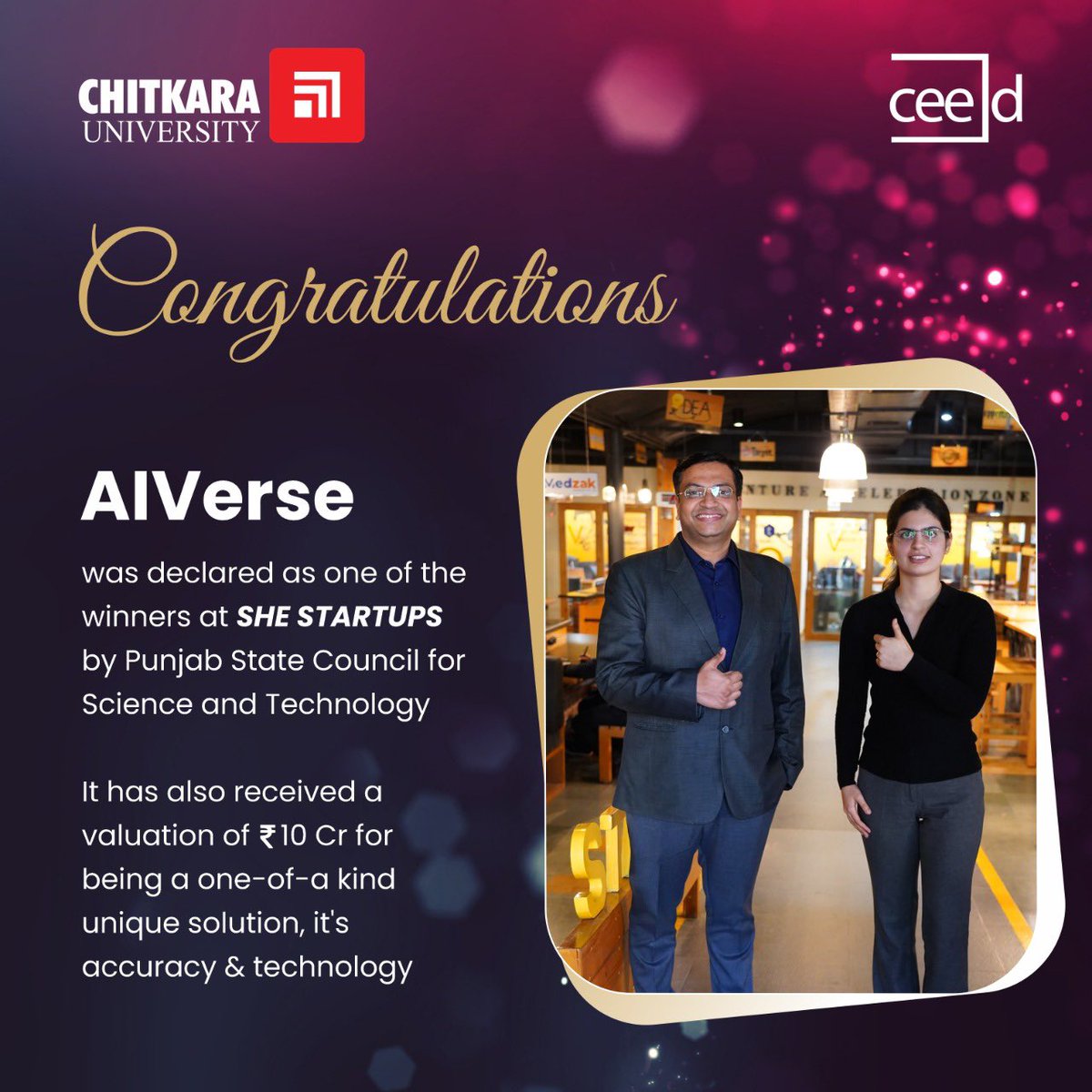 ChitkaraU's tweet photo. AIVerse, a #startup founded by Syna and personally mentored by Piyush Garg, Vice President CEED, started its journey with #CEED, and has been declared as one of the winners at #SHEStartups by the Punjab State Council for #Science and #Technology. #chitkarau https://t.co/feqaDdRivN