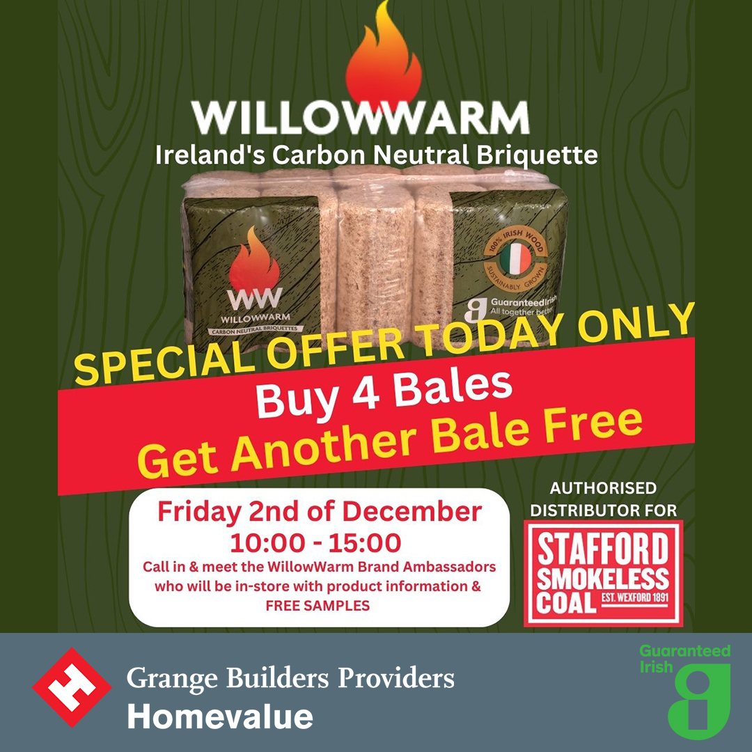 🔥 <a href="/willowwarmirl/">WillowWarm 🇮🇪</a> are giving away FREE sample logs in-store on Friday, along with a Buy 4 Get 1 FREE offer, &amp; the opportunity to find out more!

Swing by between 10-3pm on Friday 2nd Dec at Grange Builders Providers, Baldoyle
#Briquettes #GuaranteedIrish #GrangeBuildersProviders